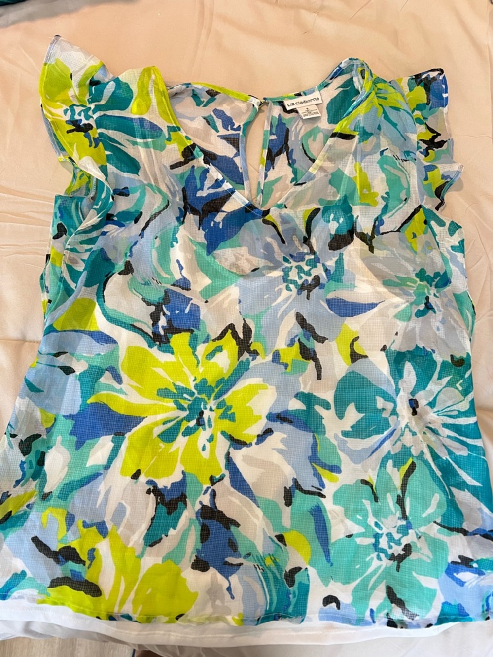 Liz Claiborne Blue, Teal & Lime Floral Flutter-Sleeve Top